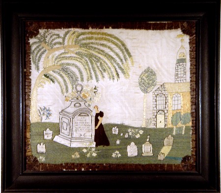 American antique silk embroidery needlework memorial to Greenawalt from Stephen Huber & Carol Huber