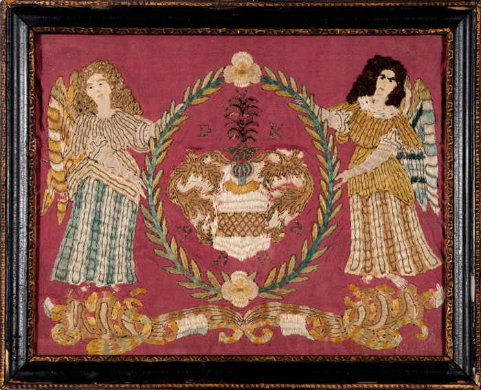 Angels with family crest 17th c needlework - Huber