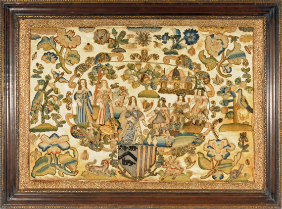 Stumpwork of King Charles II and Caherine from Huber