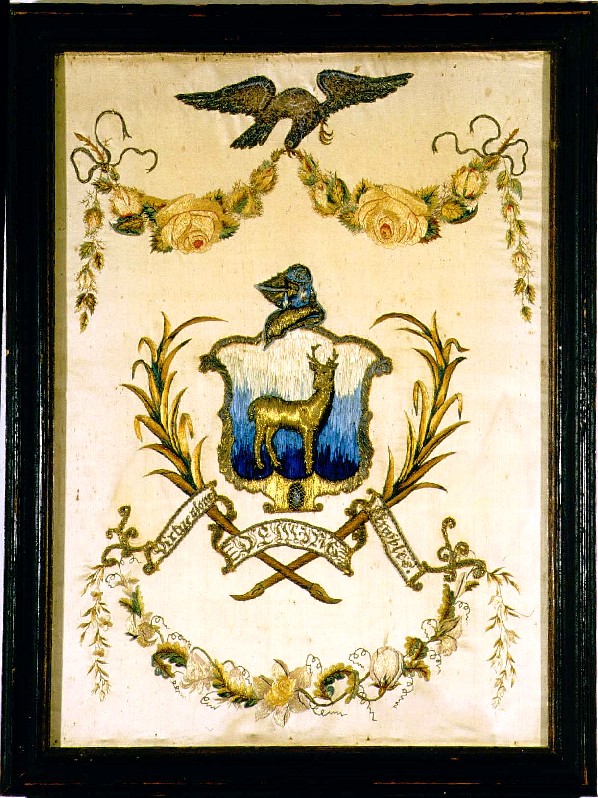 Deming family silk embroidered antique needlework Coat of Arms
