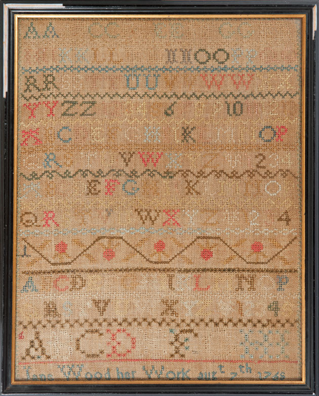 1765 American sampler by Jand Wood - from Huber